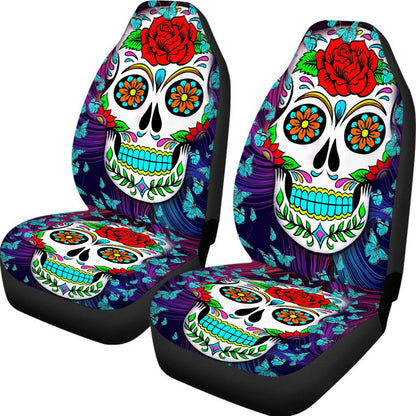 Set 2 pcs Day of the dead Universal Car Seat Cover With Thickened Back, sugar skull car seat covers