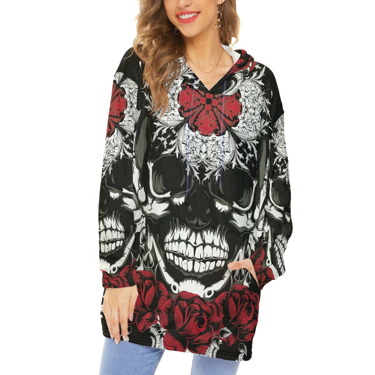 Floral skull Halloween Unisex Flannel Fleece Blanket With Pocket