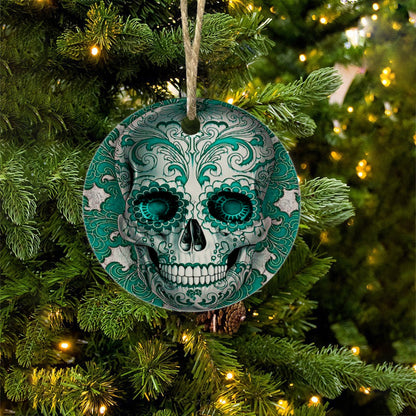 Day of the dead Round Christmas Ceramic pendant, sugar skull christmas ornament, skull ornament