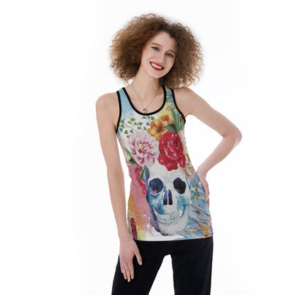 Skull floral Women's Back Hollow Tank Top, Sugar skull tank top, sugar skull shirt