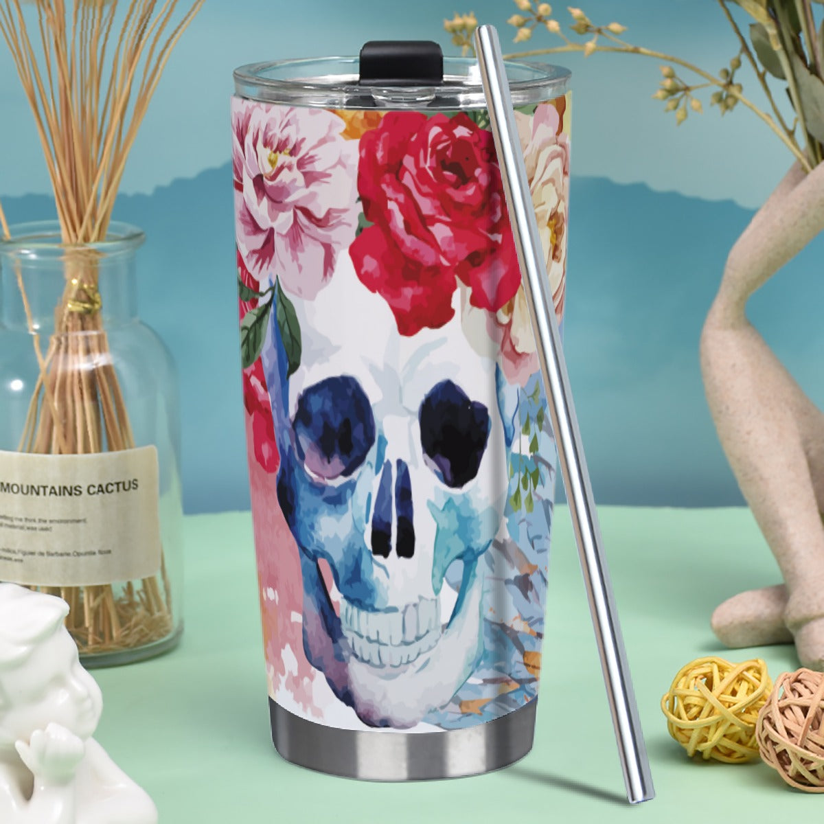 Floral skull Tumbler 20oz (with Straw) - Custom with YOUR NAME