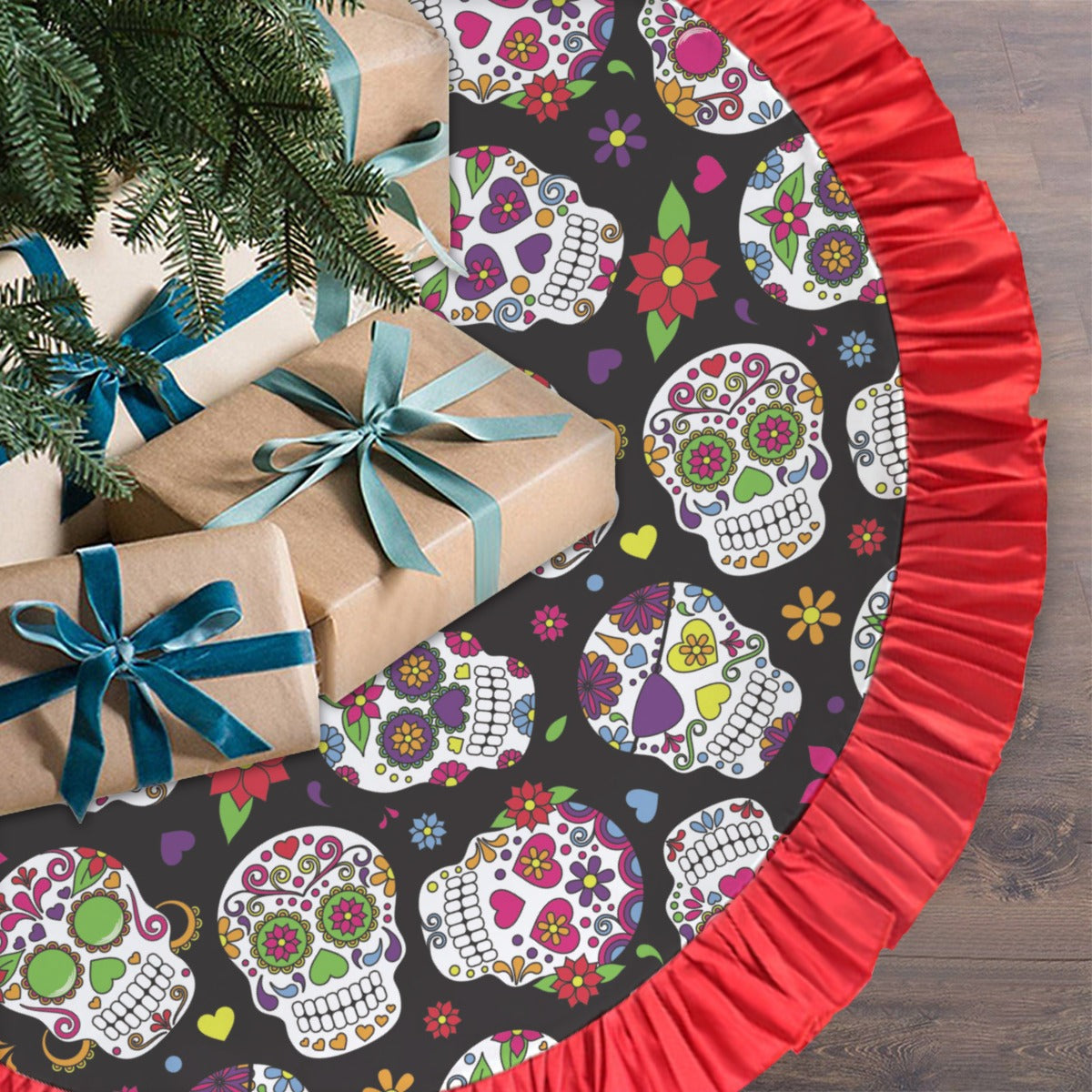 Day of the dead candy skulls Red Christmas Tree Skirt