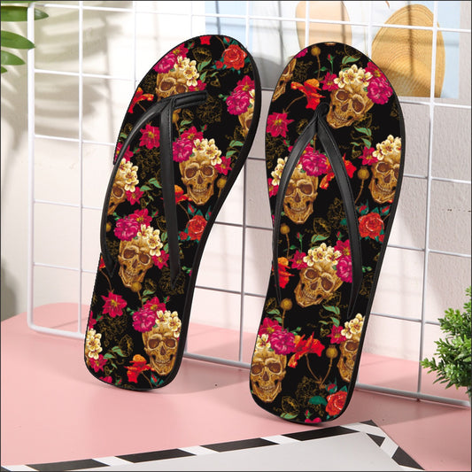 Floral sugar skull Women's Flip Flops, Day of the dead skull sandals, skull women's sandals shoes