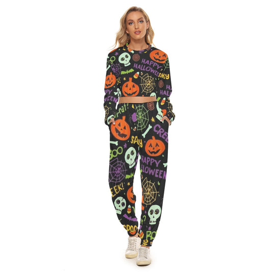 Halloween pumpkin Women's Crop Sweatshirt Suit, Halloween gothic suit