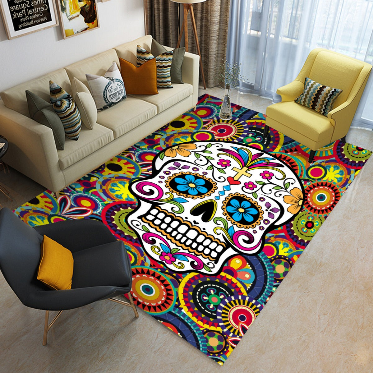 Sugar skull pattern Day of the dead Foldable Rectangular Floor Mat