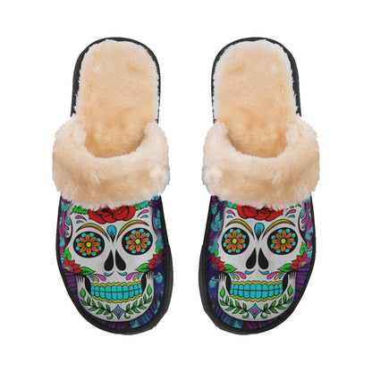 Sugar skull Dia de los muertos skull Women's Home Plush Slippers, Mexican calaveras sandals
