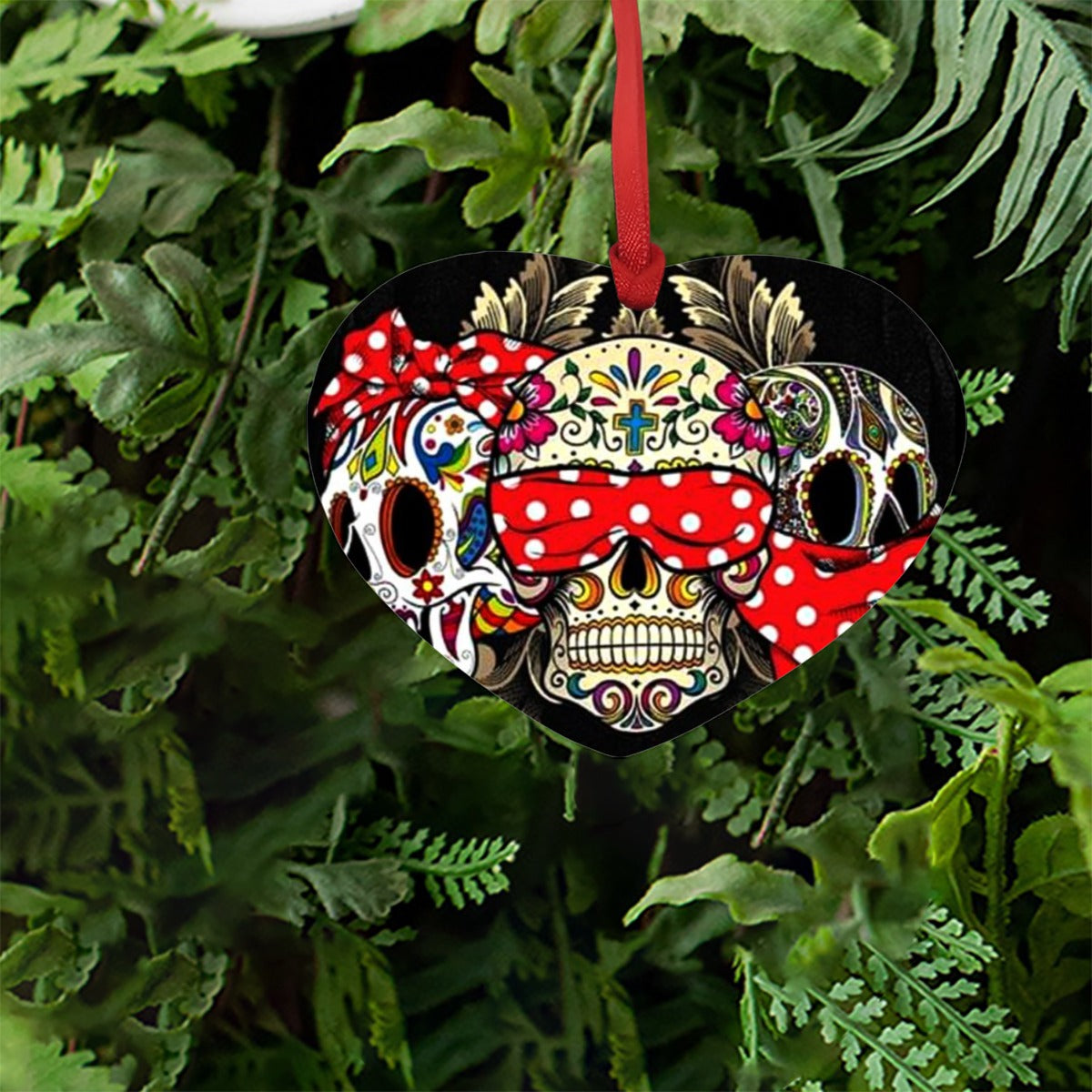 Sugar skull Heart-shaped Christmas Tree Pendant | Wooden