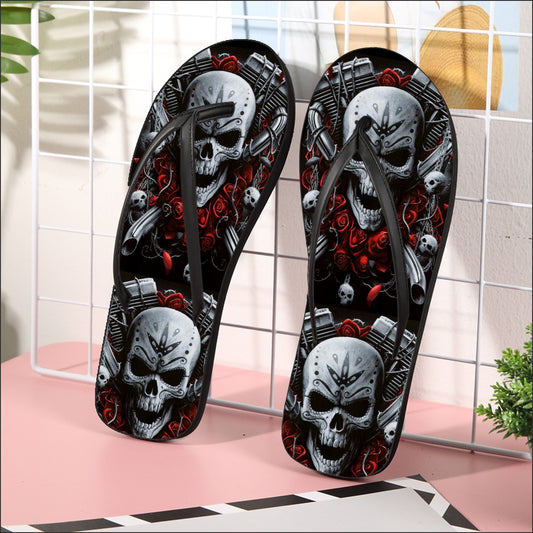 Biker skull motorcycle gothic Women's Flip Flops, gothic Halloween skeleton sandals flip flops