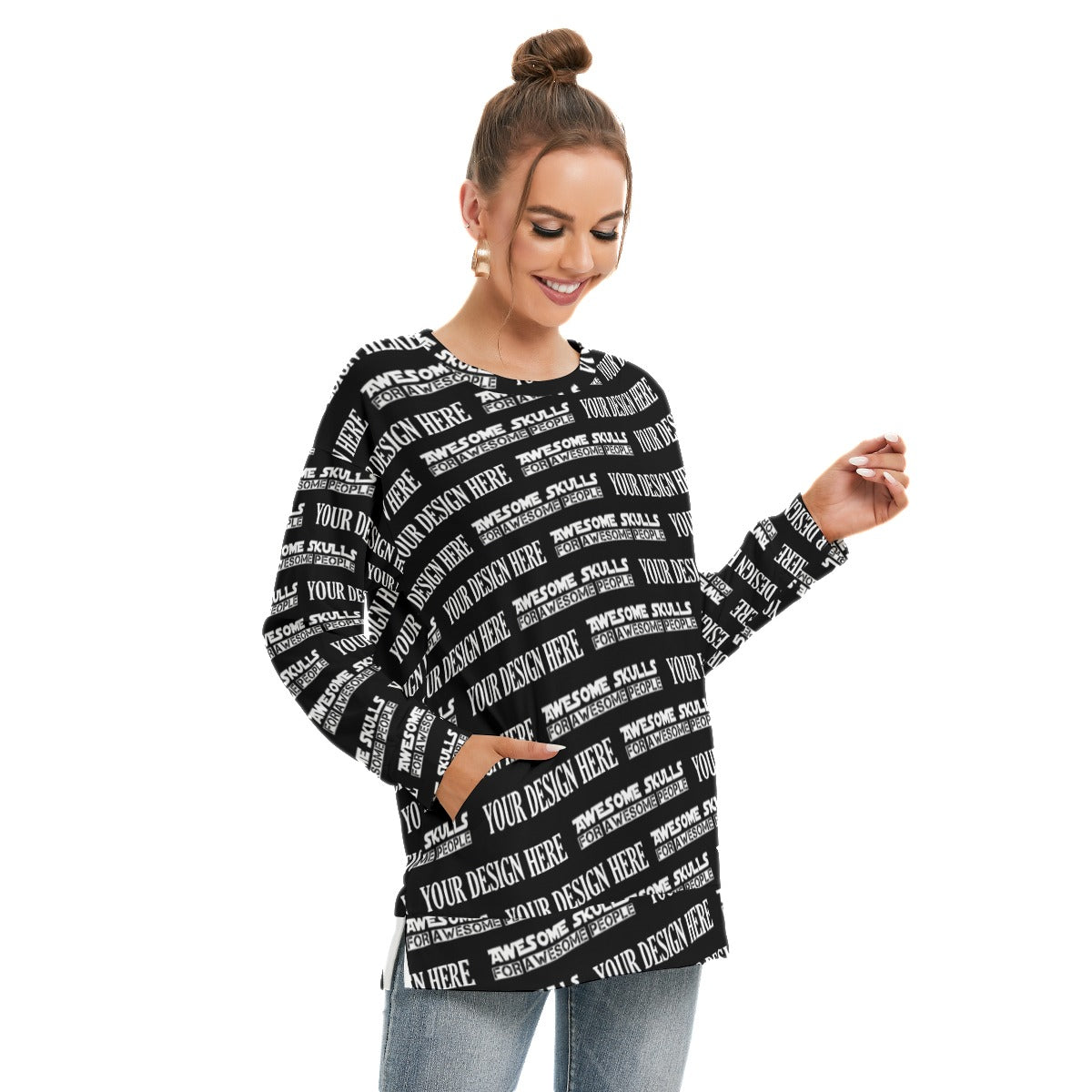 Custom print on demand pod Women's Hoodie Side Split O-neck Sweatshirt