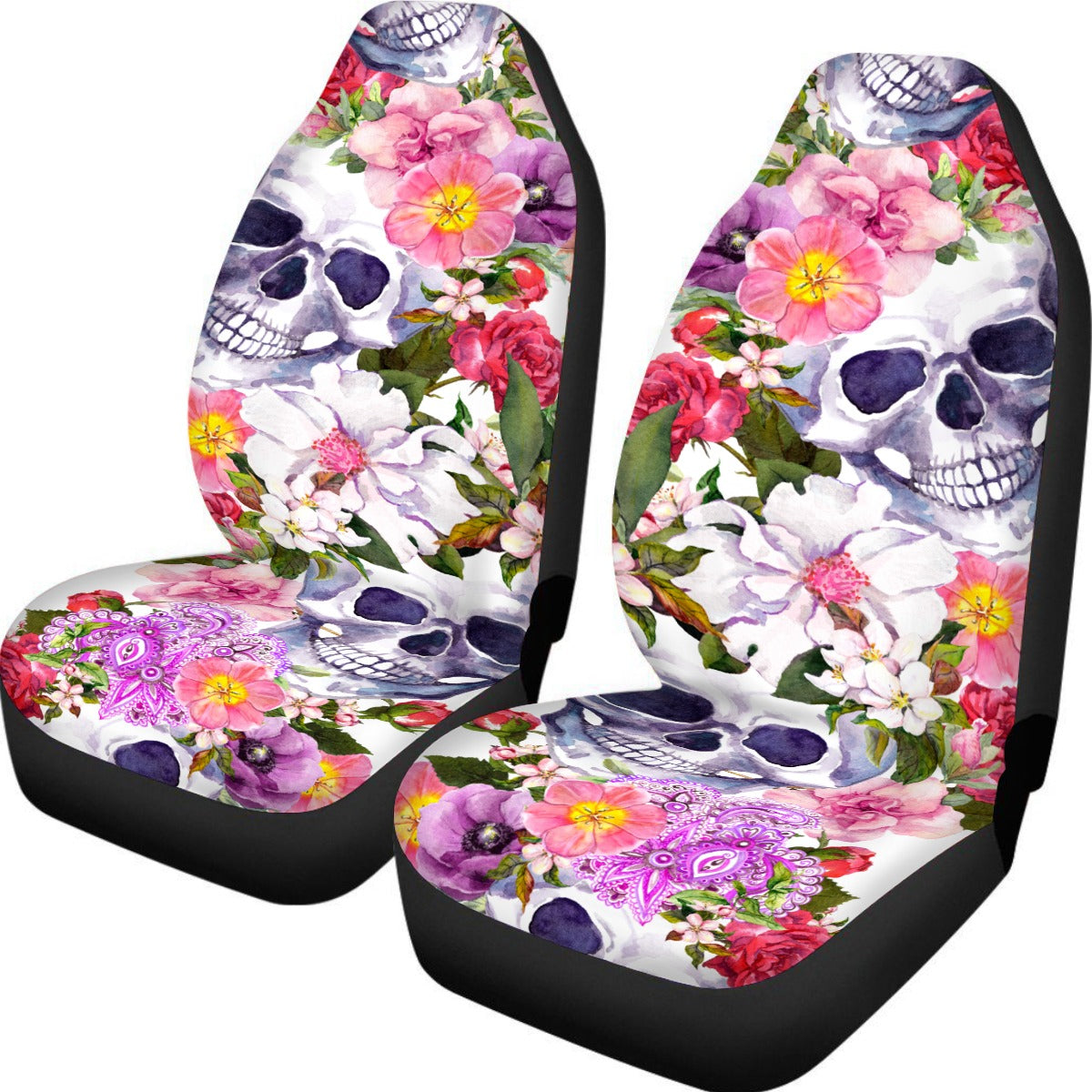 Set 2 pcs Floral skull Universal Car Seat Covers