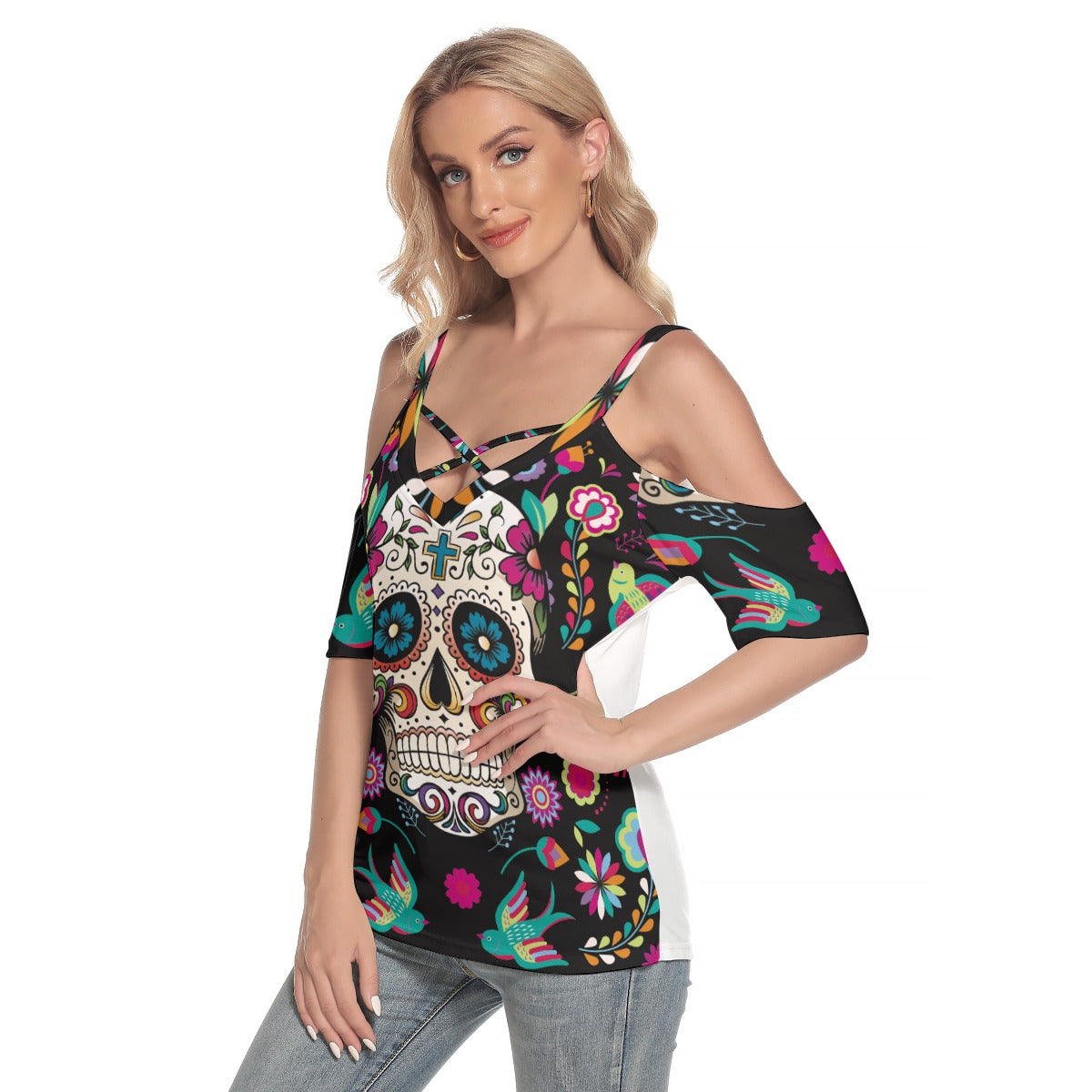 Day of the dead Women's Cold Shoulder T-shirt With Criss Cross Strips