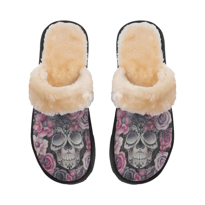 Floral skeleton skull Women's Home Plush Slippers, Rose skull Halloween sandals flip flops shoes