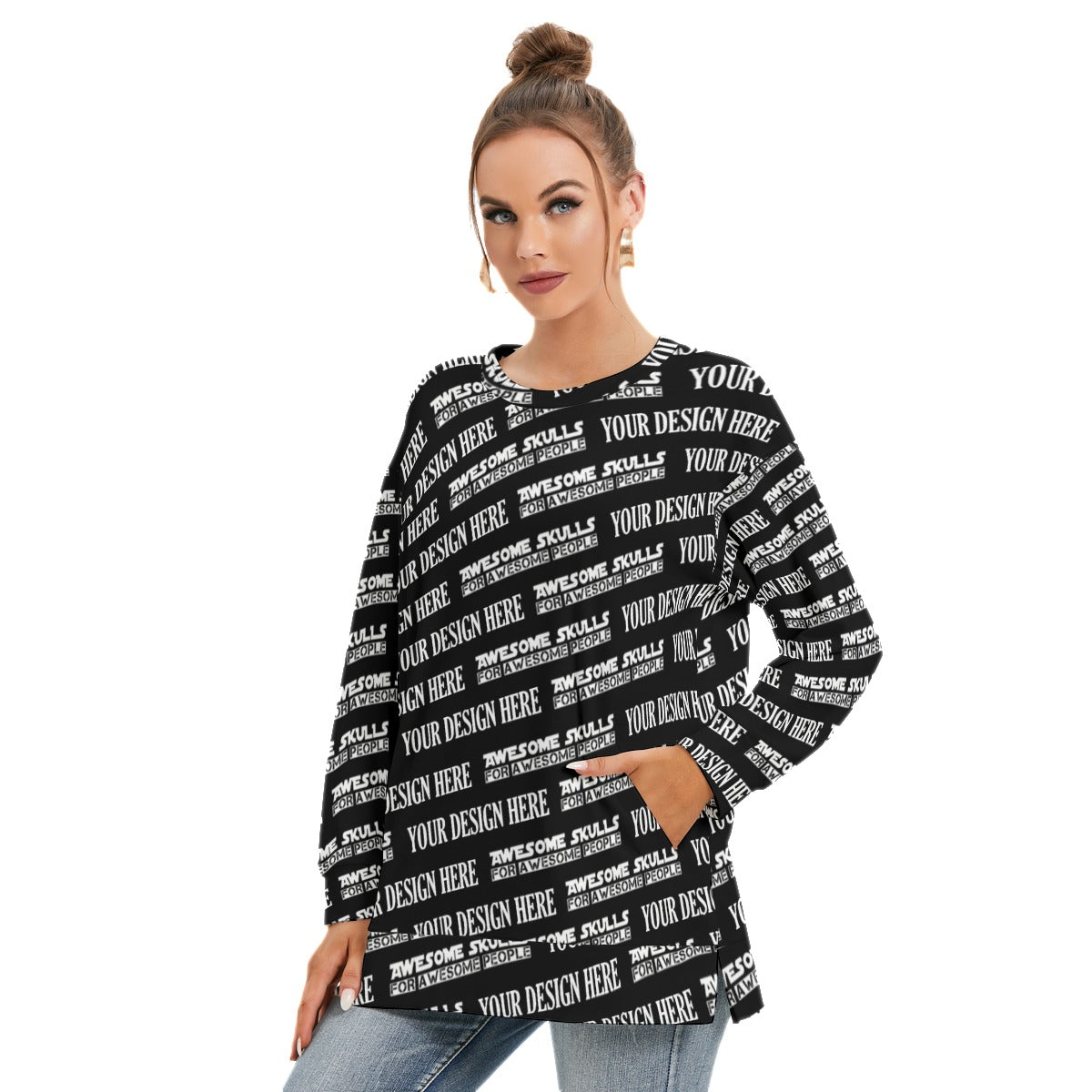 Custom print on demand pod Women's Hoodie Side Split O-neck Sweatshirt