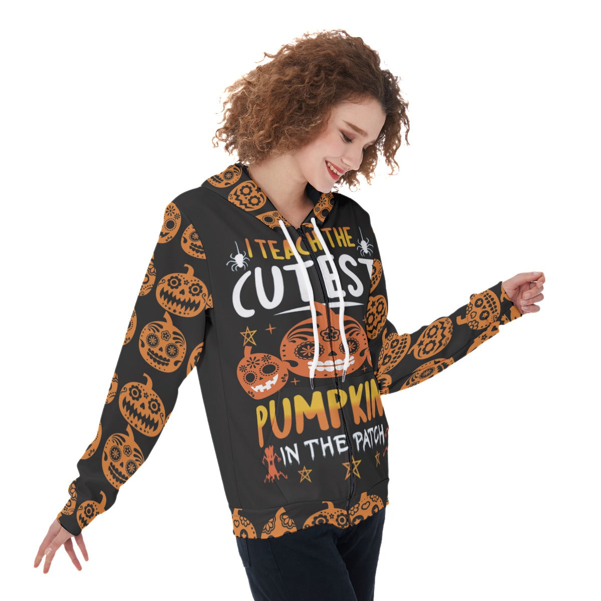 Sugar skull pumpkin Women's Zip Up Hoodie