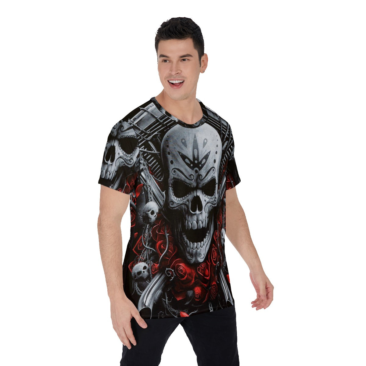 Motorcycle skull biker Men's O-Neck T-Shirt, Biker skull tshirt, Gothic skull Halloween tshirt