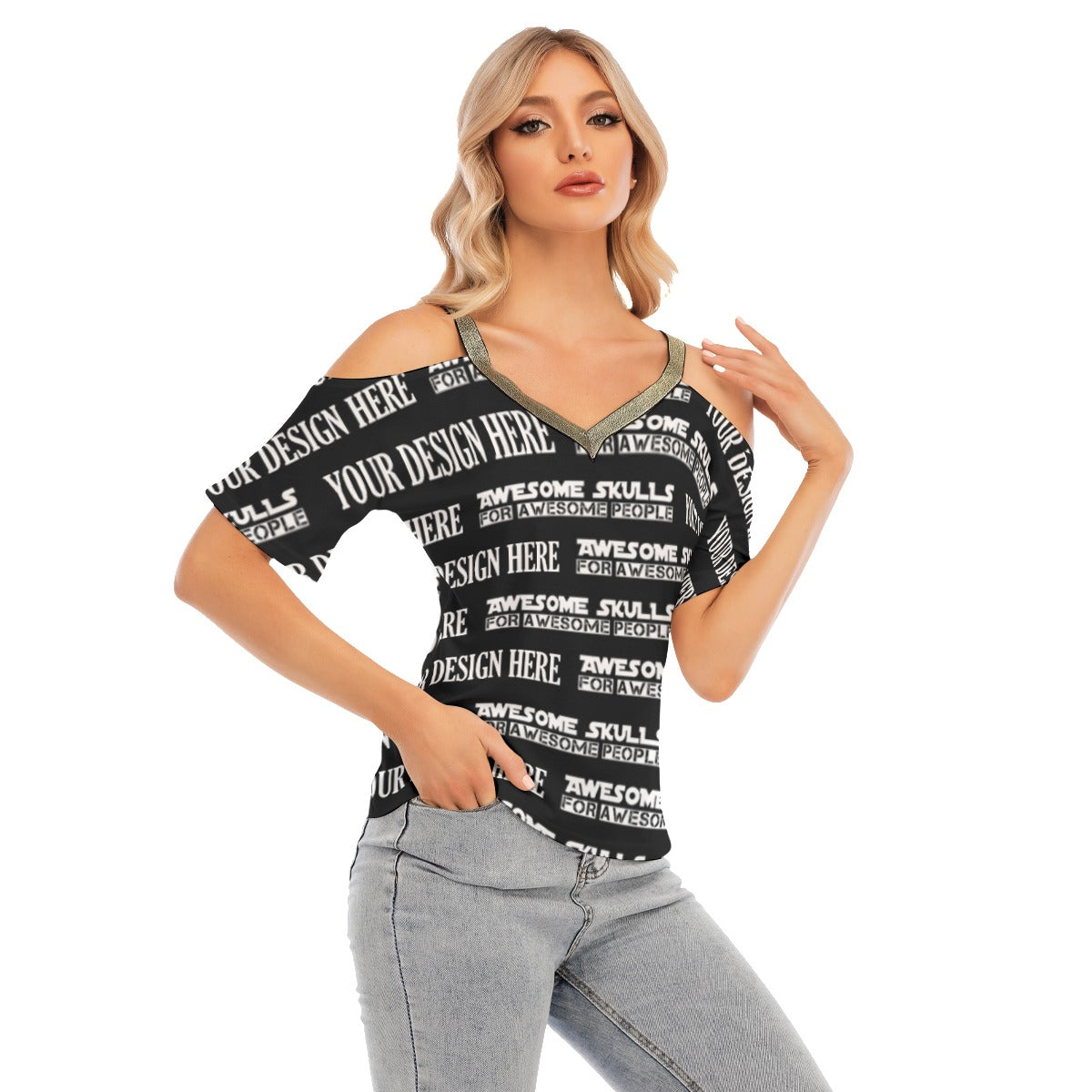 Custom print on demand pod Women's Top Cold Shoulder T-shirt With Golden Elastic Band On Neck