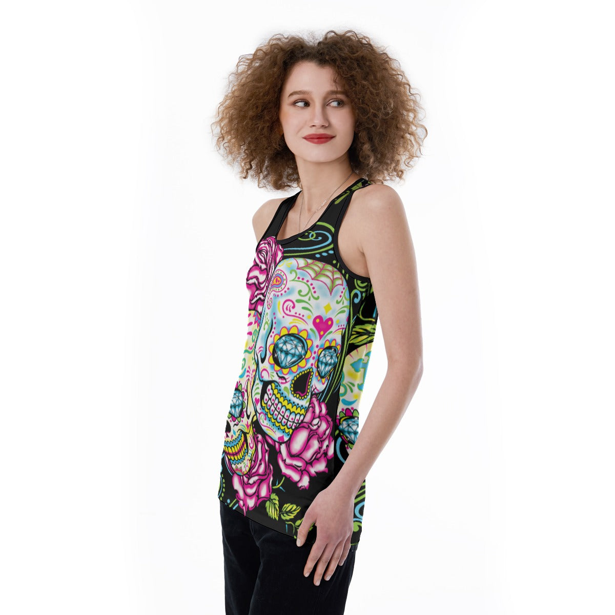 Day of the dead skull Women's Back Hollow Tank Top, sugar skull gothic tank top