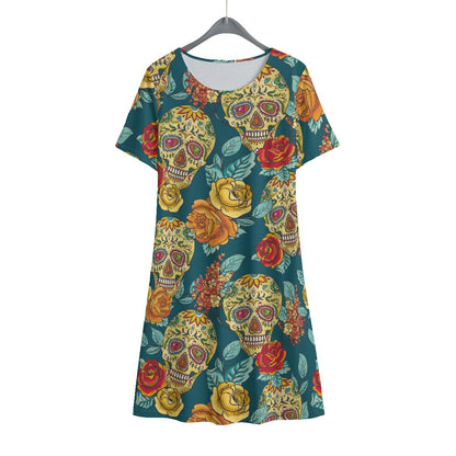 Day of the dead sugar skull Women's Dress With Short Sleeve, Dia de los muertos dress