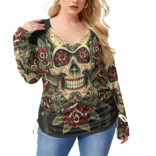 Day of the dead sugar skulls Women’s V-neck T-shirt With Side Drawstring(Plus Size)
