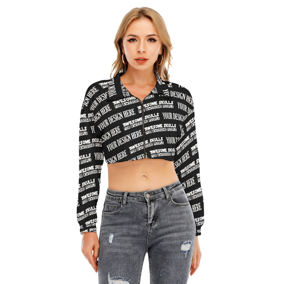Custom print on demand pod Women's Hoodie Lapel Collar Cropped Sweatshirt With Long Sleeve