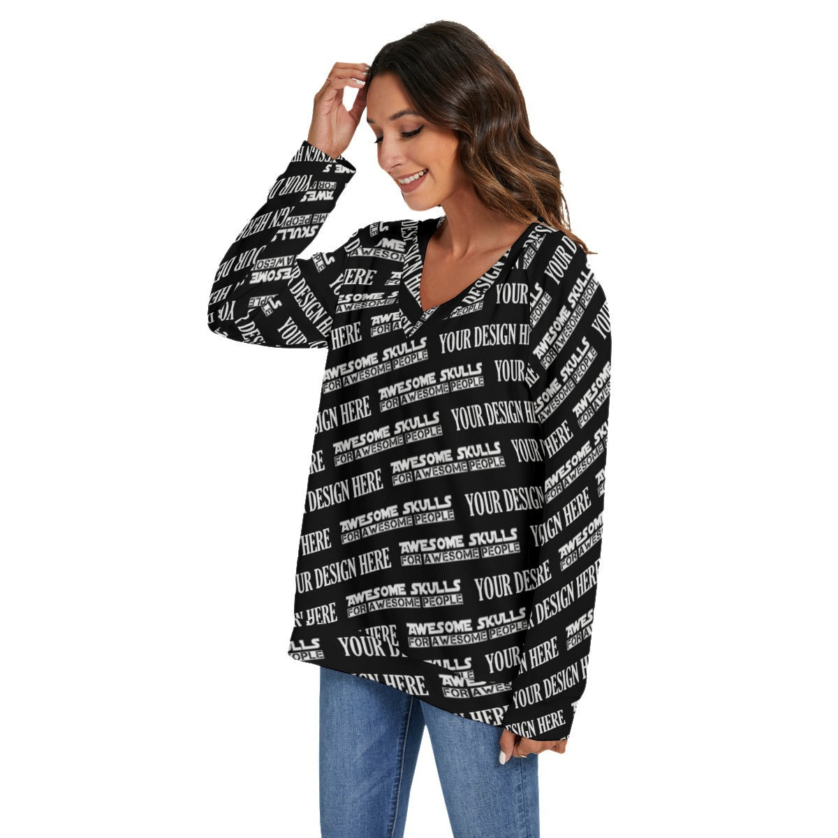 Custom Print on demand POD women's Knitwear & Car V-neck Imitation Knitted Swteater With Long Sleeve