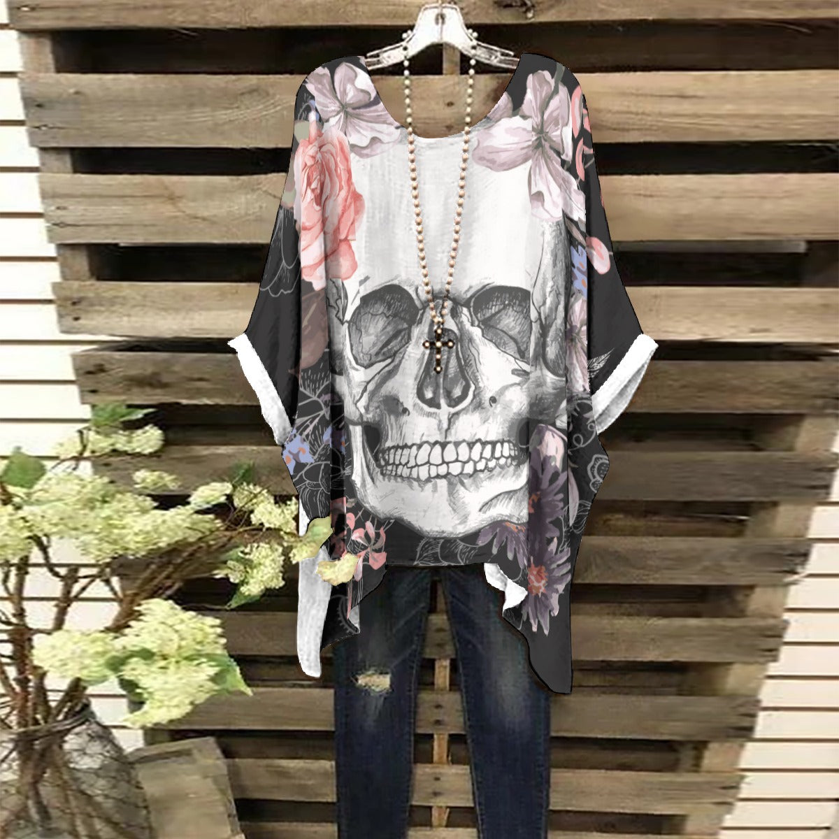 Skull All-Over Print Women's Bat Sleeve Shirt