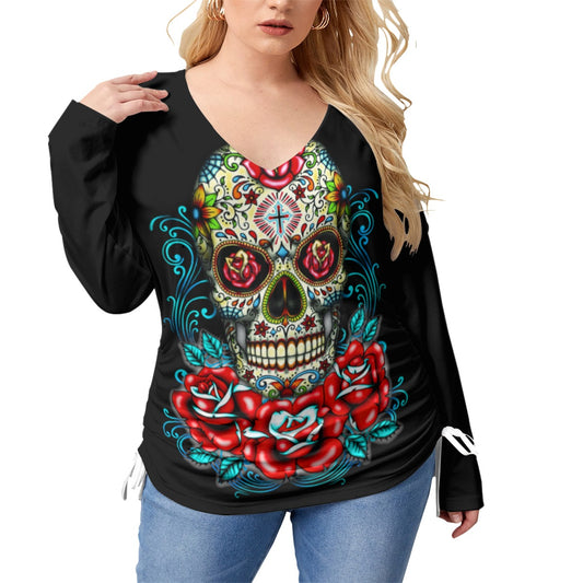 Day of the dead skull Women’s V-neck T-shirt With Side Drawstring(Plus Size)