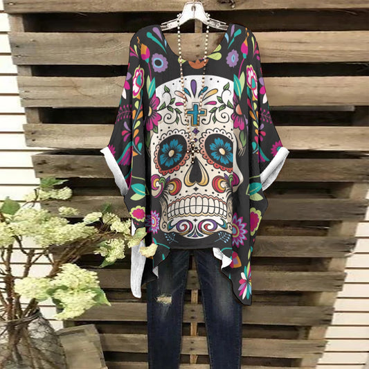 Sugar skull Day of the dead Women's Bat Sleeve Shirt, Mexican skull shirt