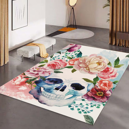Floral sugar skull Foldable Rectangular Floor Mat, Gothic rose skull carpet rug mat