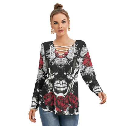 Floral gothic skull Halloween skeleton shirt Women's Long Sleeve Neckline Tie Sweatshirt