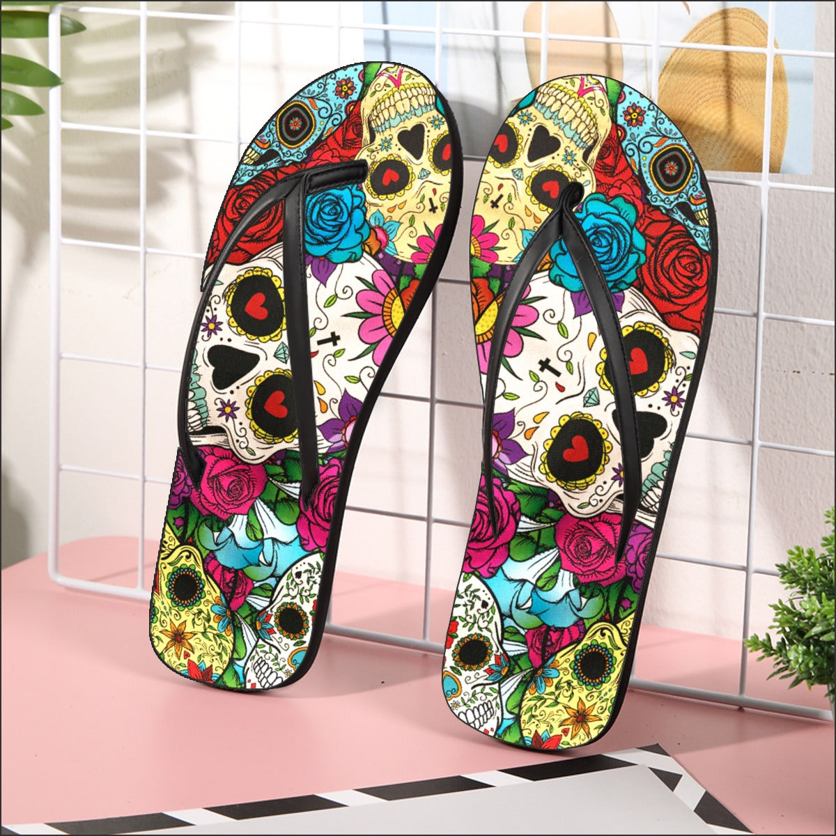 Day of the dead Women's Flip Flops, Sugar skull women's sandals, Dia de los muertos flip flops