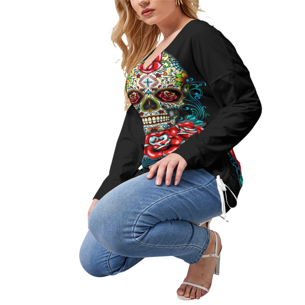 Day of the dead skull Women’s V-neck T-shirt With Side Drawstring(Plus Size)