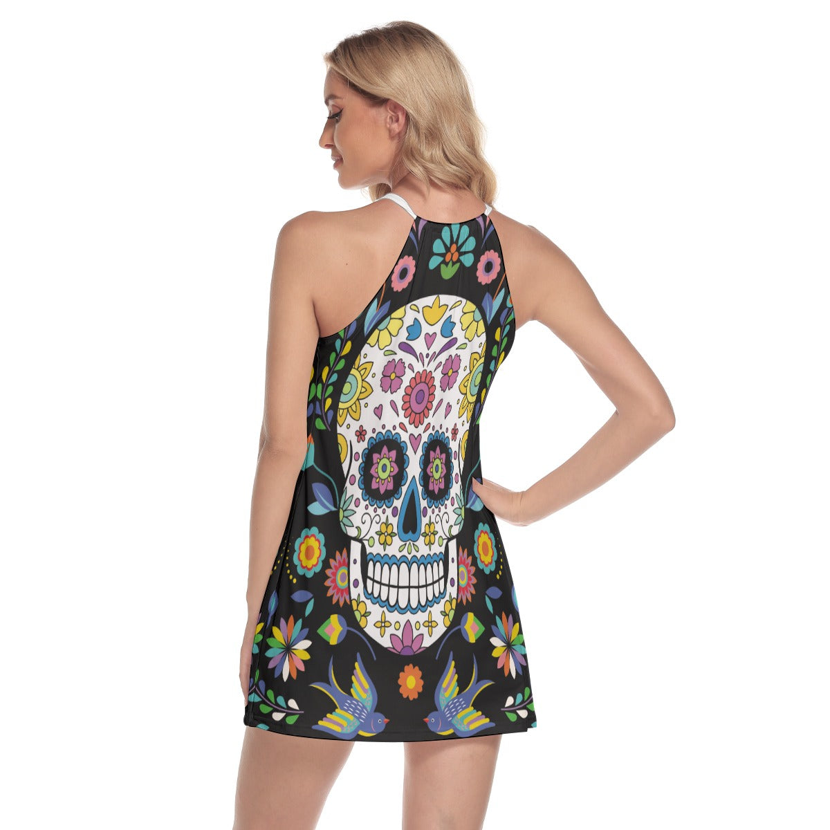 Sugar skull Mexican calaveras skull Women's Round Neck Above Knee Dress