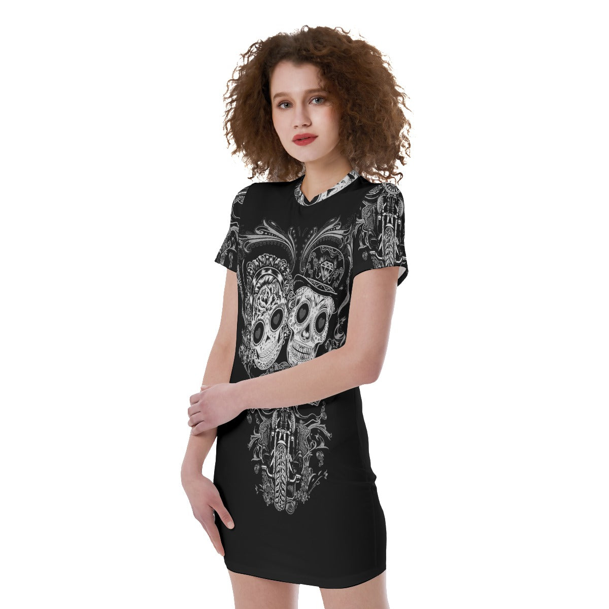 Sugar skull couple Women's Short Sleeve Tight Dress