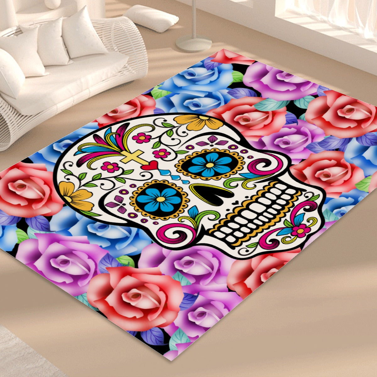 Sugar skull day of the dead Rectangular Floor Mat, Dia de los muertos skeleton carpet rug mat