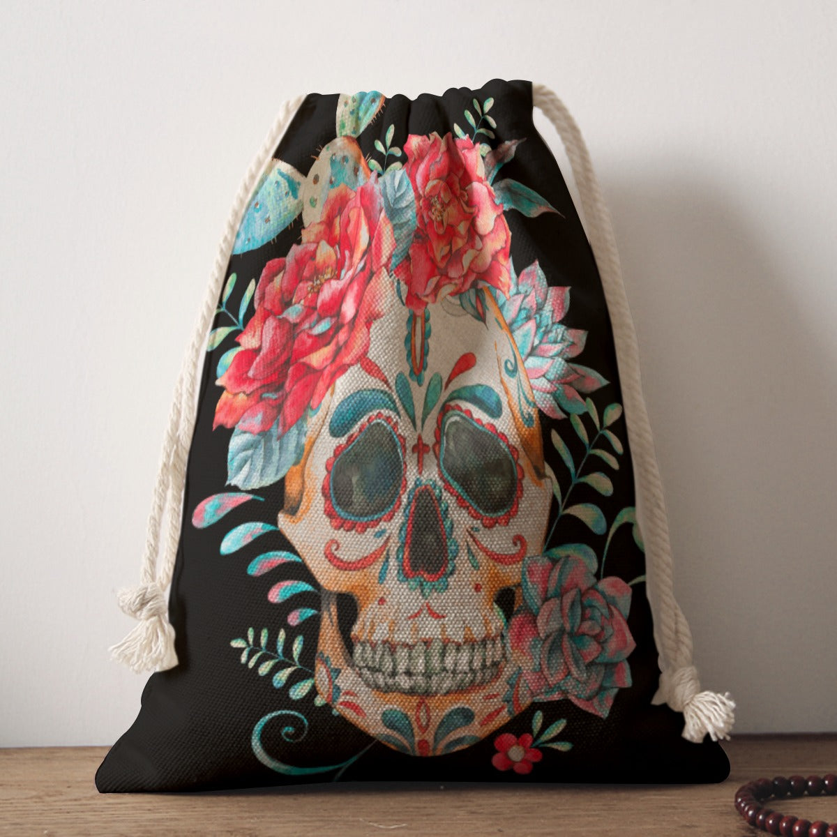 Floral skull Drawstring Bag, Gothic rose skull skeleton Drawstring Bag