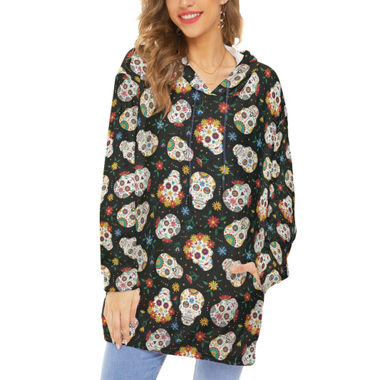 Sugar skull pattern Unisex Flannel Fleece Blanket With Pocket