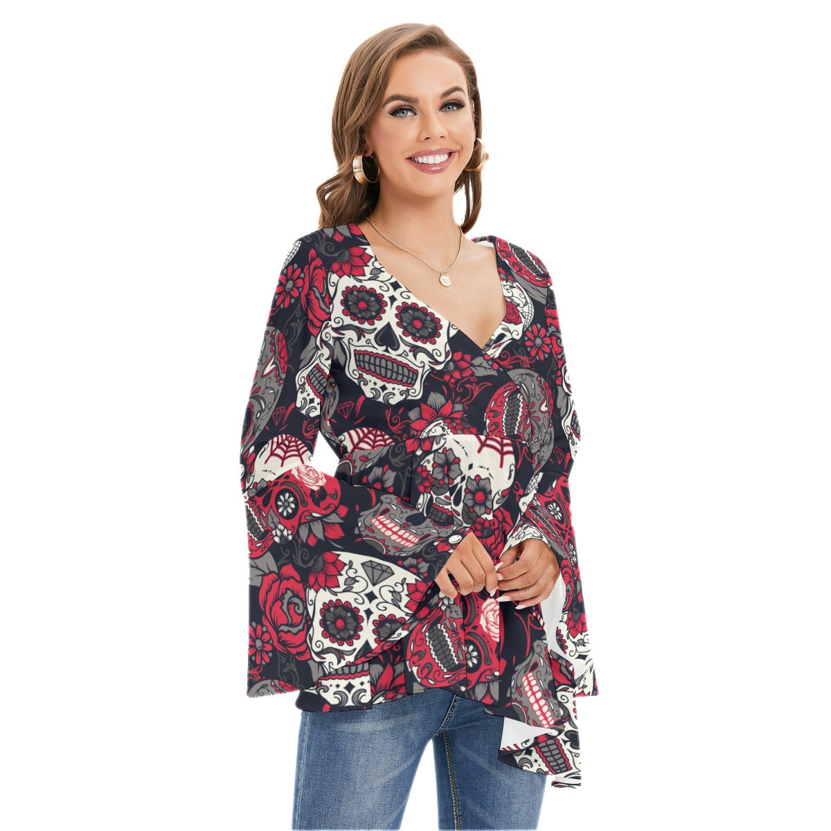 Sugar skull Day of the dead Women's V-neck Blouse With Flared Sleeves