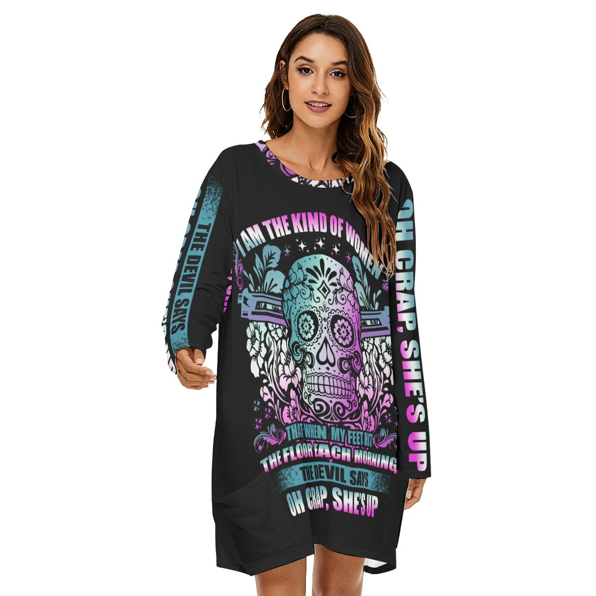 Sugar skull day of the dead Women's Loose Crew Neck Dress