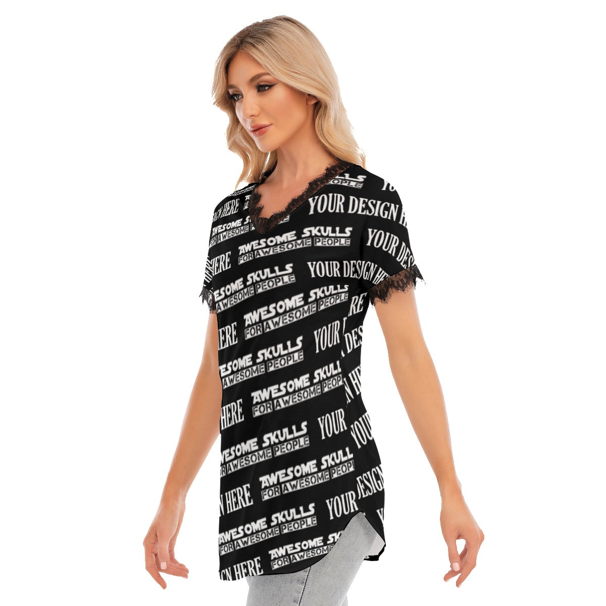 Custom print on demand pod Women's Shirts Lace Collar Long T-shirt