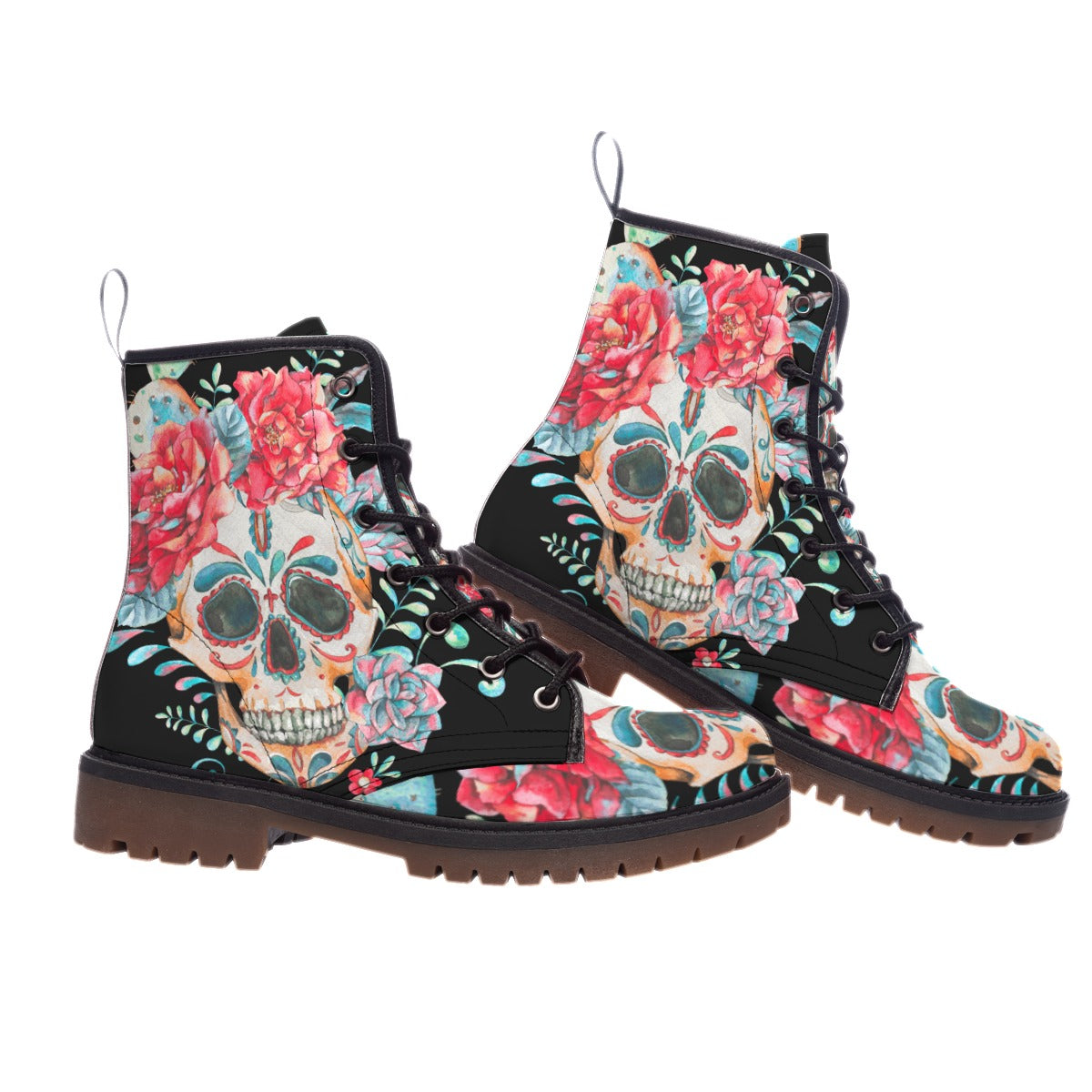 Floral rose skull Men's Women's Martin Short Boots, Halloween skeleton skull boot shoes