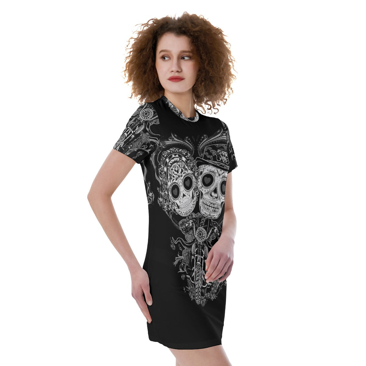 Sugar skull couple Women's Short Sleeve Tight Dress