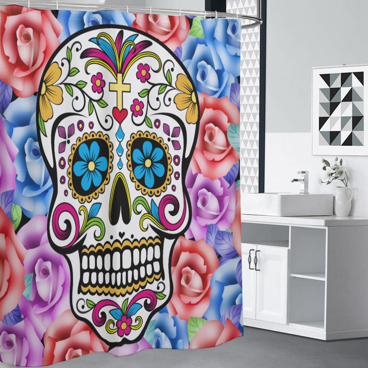 Day of the dead skull Shower Curtains 150（gsm), Grim reaper sugar skull shower curtains