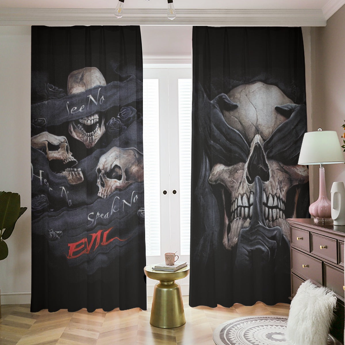 No see no hear no speak evils skull window curtain Blackout Curtains with Hooks | 265(gsm)