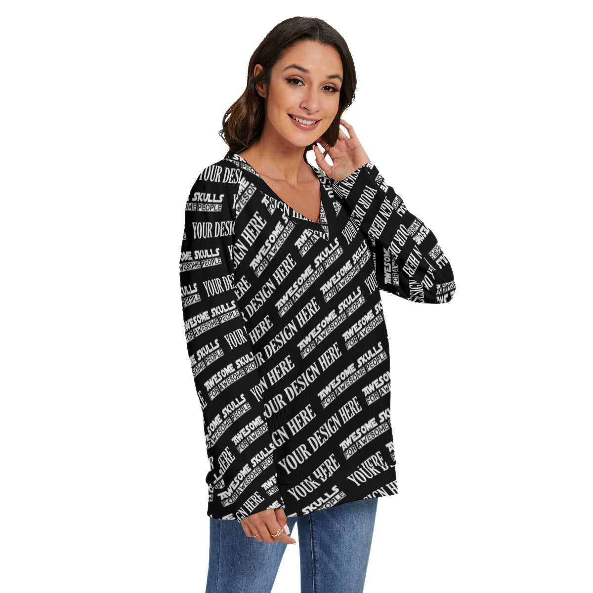 Custom Print on demand POD women's Knitwear & Car V-neck Imitation Knitted Swteater With Long Sleeve