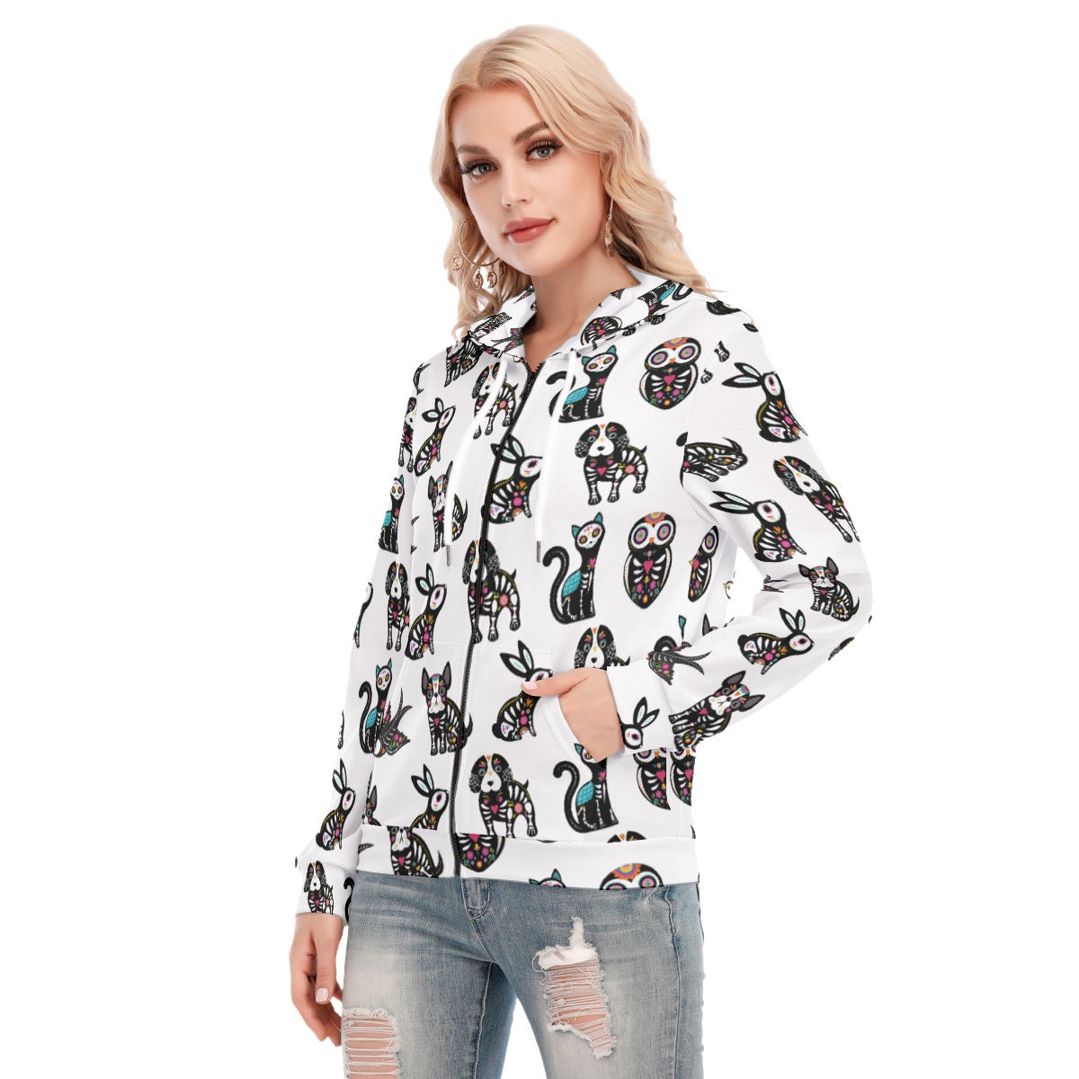 Mexican skull Women's Hoodie With Zipper, Day of the dead skull zip hoodie sweatshirt