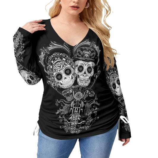Sugar skull couple Women’s V-neck T-shirt With Side Drawstring(Plus Size)