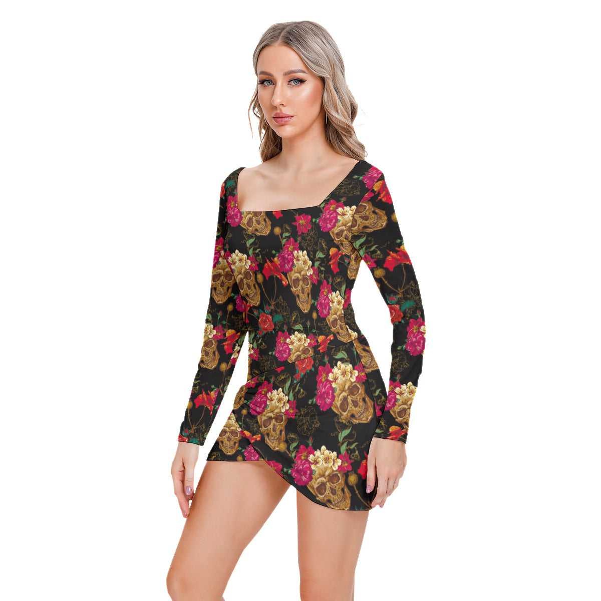 Day of the dead floral skull Women’s Square Collar Dress With Long Sleeve