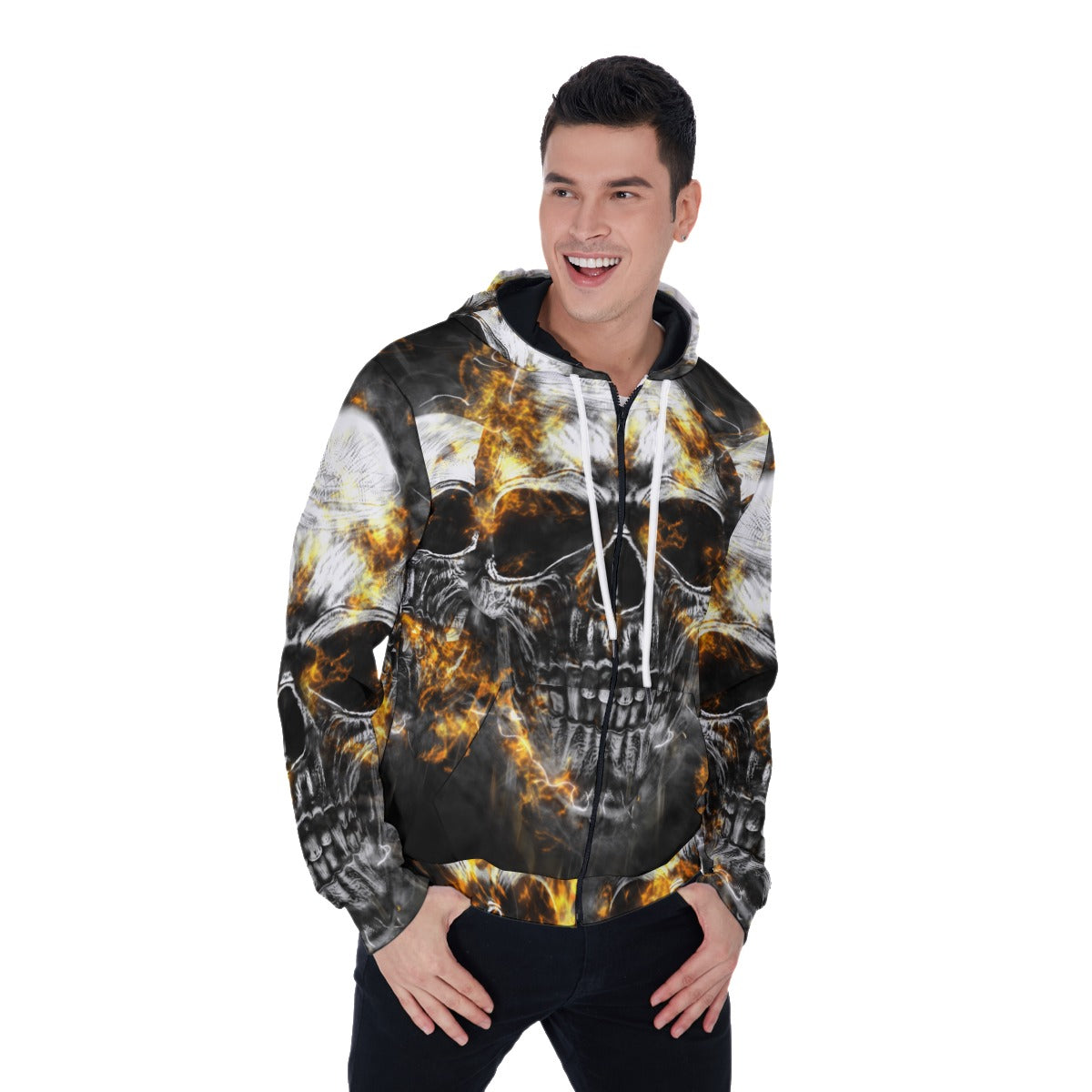 Flaming skull Men's Mirco Fleece Zip Up Hoodie