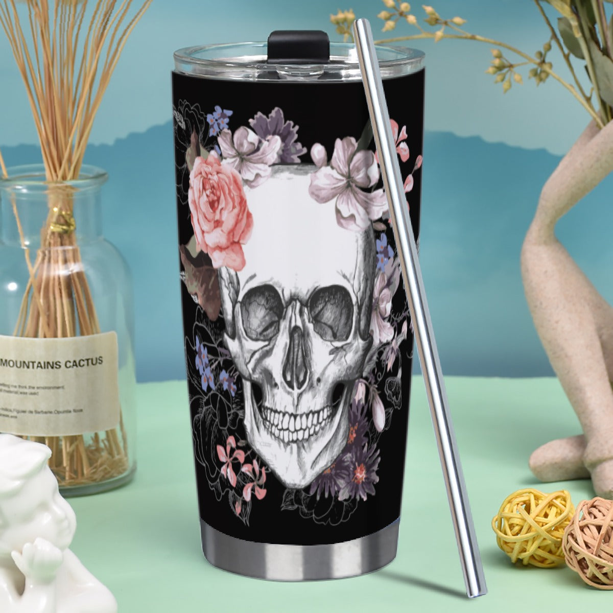 Floral sugar skull Tumbler 20oz (with Straw)